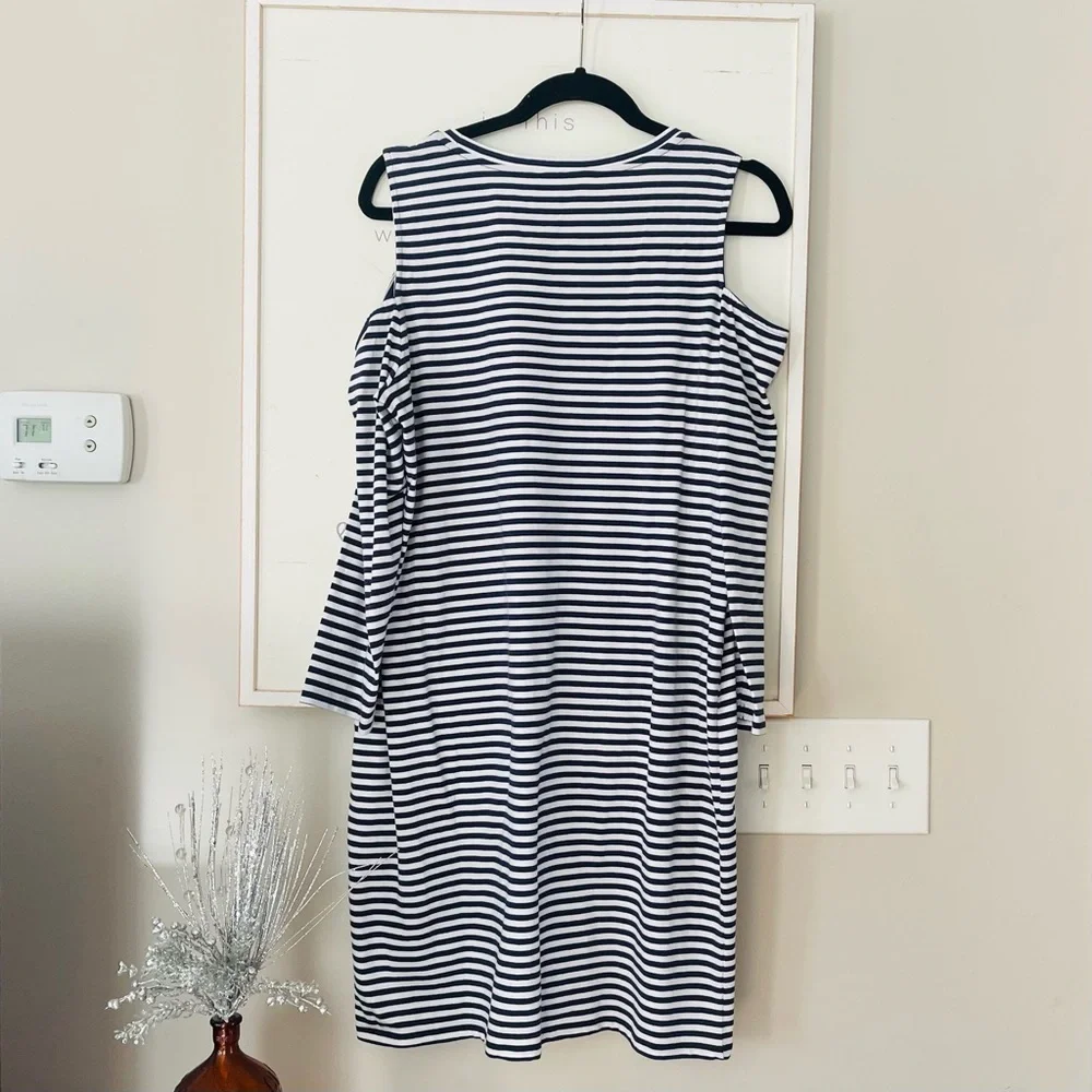 MICHAEL KORS Off Shoulder Navy Blue And White Striped Logo Studded Dress…